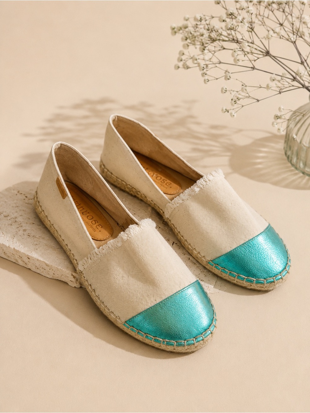 Canvas Espadrille Flats with Teal Metallic Cap Toe